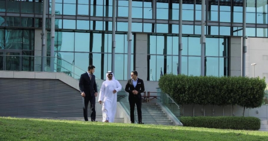 Businessmen waling together on the grass|-