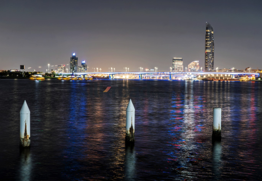 Dubai Night Skyline with Burj Khalifa and Reflections