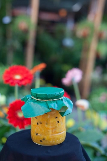 jam jar on a small round tan