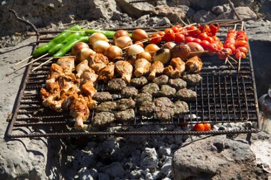 Chicken, Meat , Kabab, Tomato and onion on BBQ