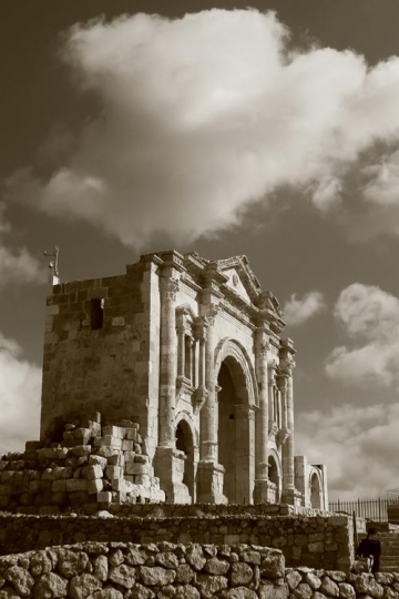 black and white image for arch of hadrian in antique gerco-roman city of gerasa jerash in jordan