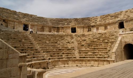 stone seats in antique large south theater,jerash,Jordan