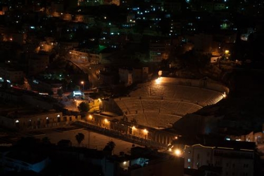 the large south theatre in antique town jerash in Jordan at night