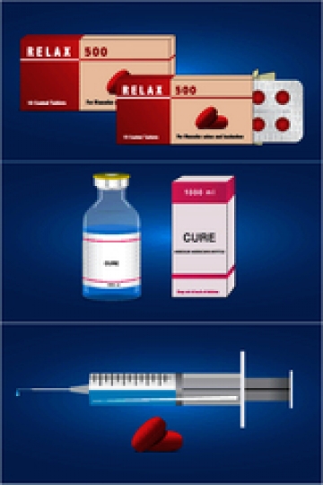medical ampoules,syringe,pills package isolated on blue background