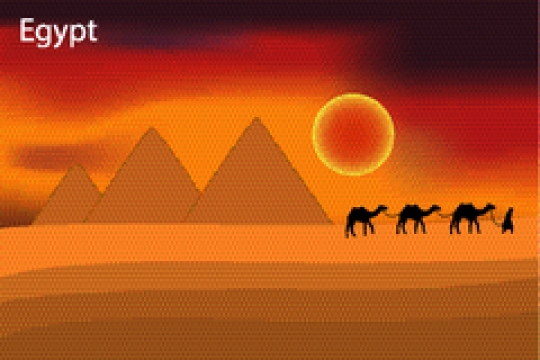 vector background of egyptian pyramid and camels at evening