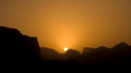 Sunset in Wadi Rum desert reservation, Jordan.