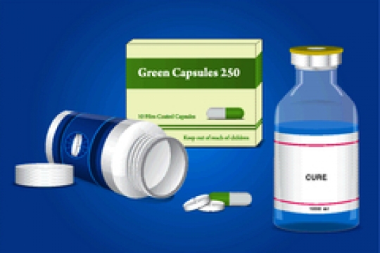 pill bottle and capsule pack with ampoules on blue background-