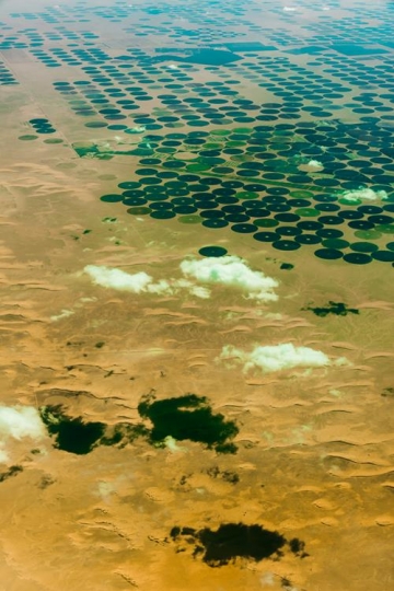 an aerial view of the crop circles created in the desert of saudi arabia