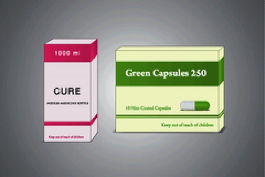 medical ampoule with packing for tablet isolated on gray background