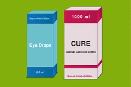 medical ampoules with eye drops bottle on green background