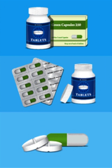pill bottle and capsule pack on blue background