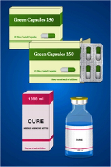 medical ampoule and capsule pack on blue background