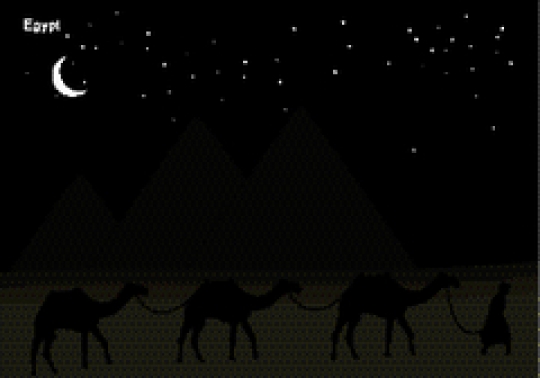 vector background of egyptian pyramid and camels at night