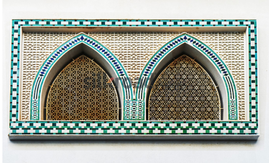 Architectural Details of Ornate Window with Geometric Patterns in Ayla