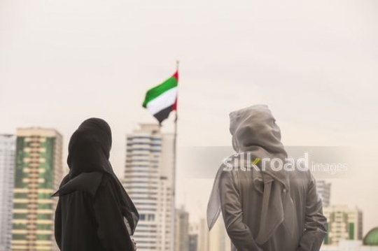 Medium Shot of a Middle Eastern man and woman standing together representing their country|-