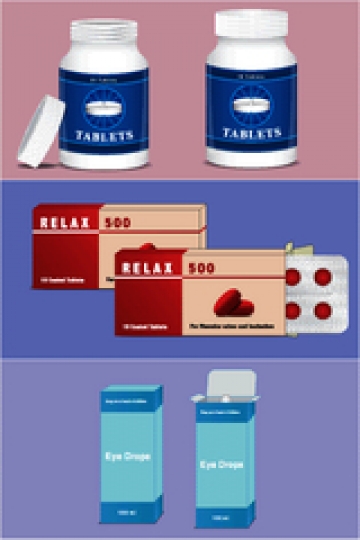 medicine packaging box with medicine bottle and eye drops bottle