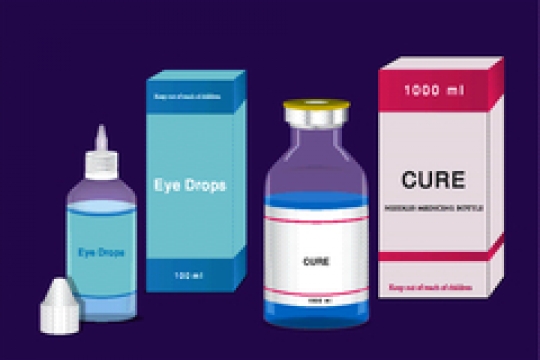 set of medical ampoules with eye drops bottle on green background