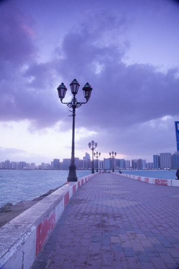 side walk next to the sea with lights 
