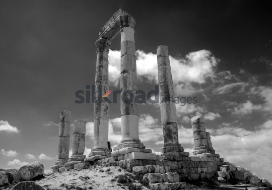 Black and White Image of Ancient Columns at Amman Citadel