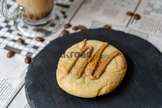 Coffee and Caramel Drizzled Cookie on Slate Plate