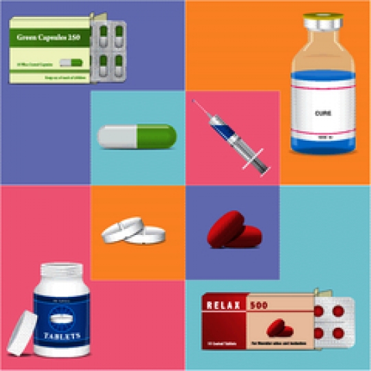 vector image of packing for tablets with medical ampoules and syringe