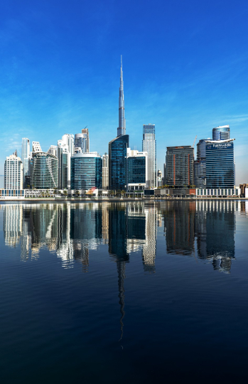 Dubai Cityscape Reflection: Iconic Skyline and Burj Khalifa