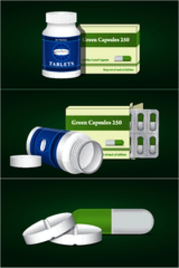 pill bottle and capsule pack on green background