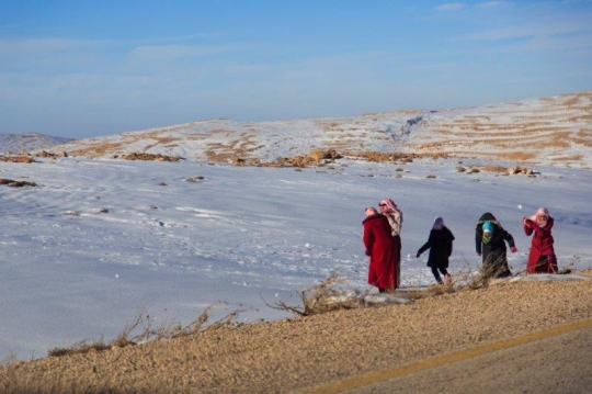 people watching the snow melting off the ground