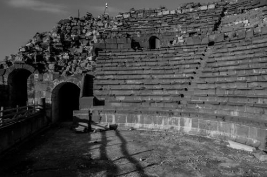 black and white image of the large south theater,in antique town jerash in jordan