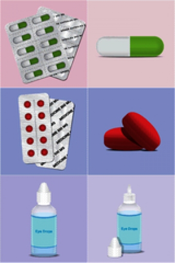 pills and capsules packed in blister with pills and eye drops bottle