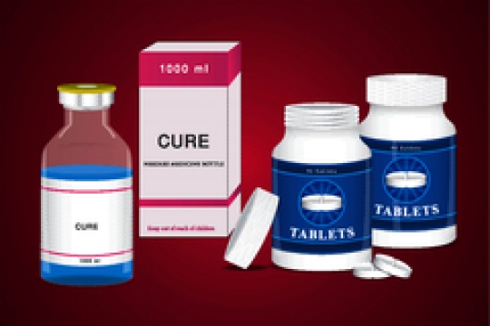 medical ampoules with a pill bottles isolated on red background