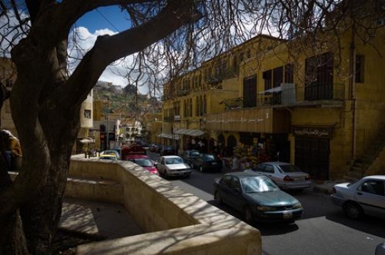 View of the town of Salt in Jordan. Arabic architecture. Typical arab town. Flat-roofed buildings Street scene