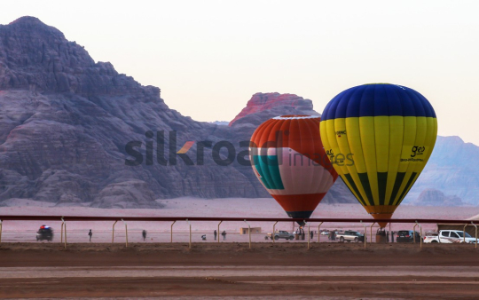 Hot Air Balloons in Wadi Rum Desert, Jordan at Sunrise
