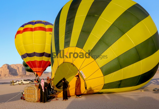 Hot Air Balloons Ready for Takeoff in Wadi Rum Desert, Jordan