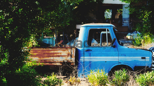 Old Rusty Blue Truck Surrounded by Greenery in Antalya