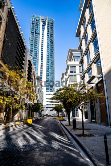 Tall Building in Al Abdali Boulevard with Autumn-Colored Trees Lining the Road