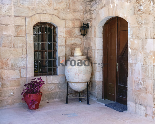 Traditional Madaba Architecture - Stone Door and Window with Clay Jar