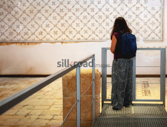 Visitor Admiring Ancient Mosaic in Madaba Museum, Jordan