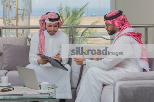 Middle Eastern employees having a meeting|